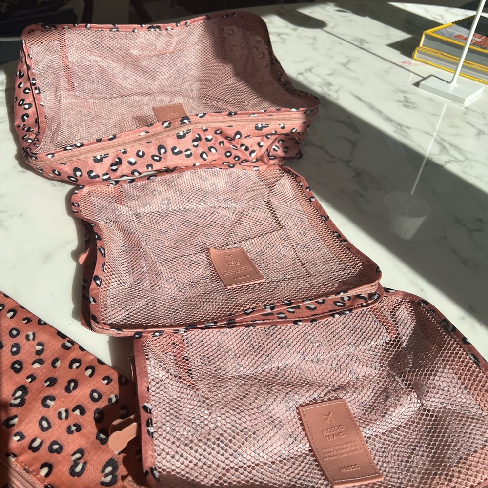 Pink leopard travel bags – five piece set. Never used.